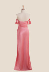 Off the Shoulder Coral Soft Satin Fitted Dress