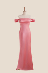 Off the Shoulder Coral Soft Satin Fitted Dress