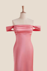 Off the Shoulder Coral Soft Satin Fitted Dress