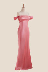 Off the Shoulder Coral Soft Satin Fitted Dress