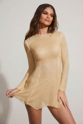 Embellished Long Sleeve Backless Mini Dress in Gold