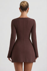 Square-Neck Structured Tulip Mini Dress in Chocolate Brown