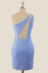 One Shoulder Light Blue Sequin Tight Mini Dress