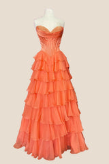 Strapless Orange Tiered Chiffon Long Dress with Slit