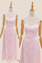 Spaghetti Straps Pink Embroidery Long Dress