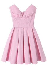 V-neck Pink Pleated Short Party Dress