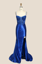 Royal Blue Appliques Ruched Mermaid Long Formal Dress