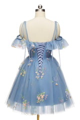 Blue Floral Ruffle A-line Homecoming Dress