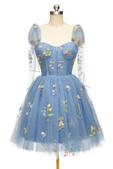 Blue Floral Corset A-line Homecoming Dress with Tie Shoulders
