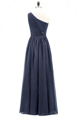 Navy Blue One Shoulder A-line Chiffon Long Bridesmaid Dress