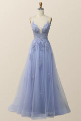Blue V Neck Appliques Long Formal Dress