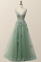 Blue V Neck Appliques Long Formal Dress