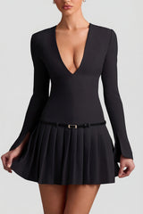 Long-Sleeve Pleated Mini Dress in Black