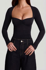 Soft Jersey Sweetheart Ruched Long-Sleeve Top in Black