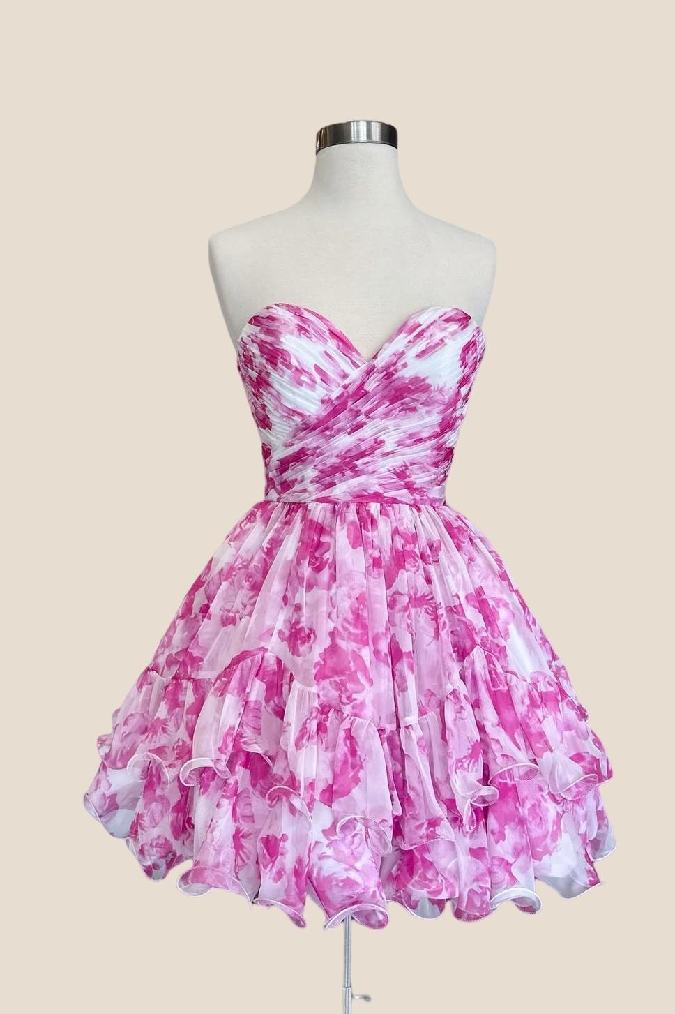 Strapless Pink Print Ruched Short Princess Dress