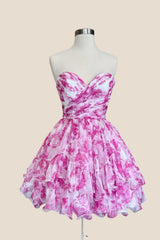 Strapless Pink Print Ruched Short Princess Dress