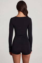 Soft Jersey Sweetheart Long-Sleeve Mini Playsuit in Black