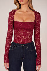 Long-Sleeve Laced Bodysuit in Wine