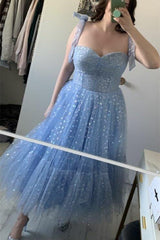 Mint Green Hearts Tea Length Dress with Straps