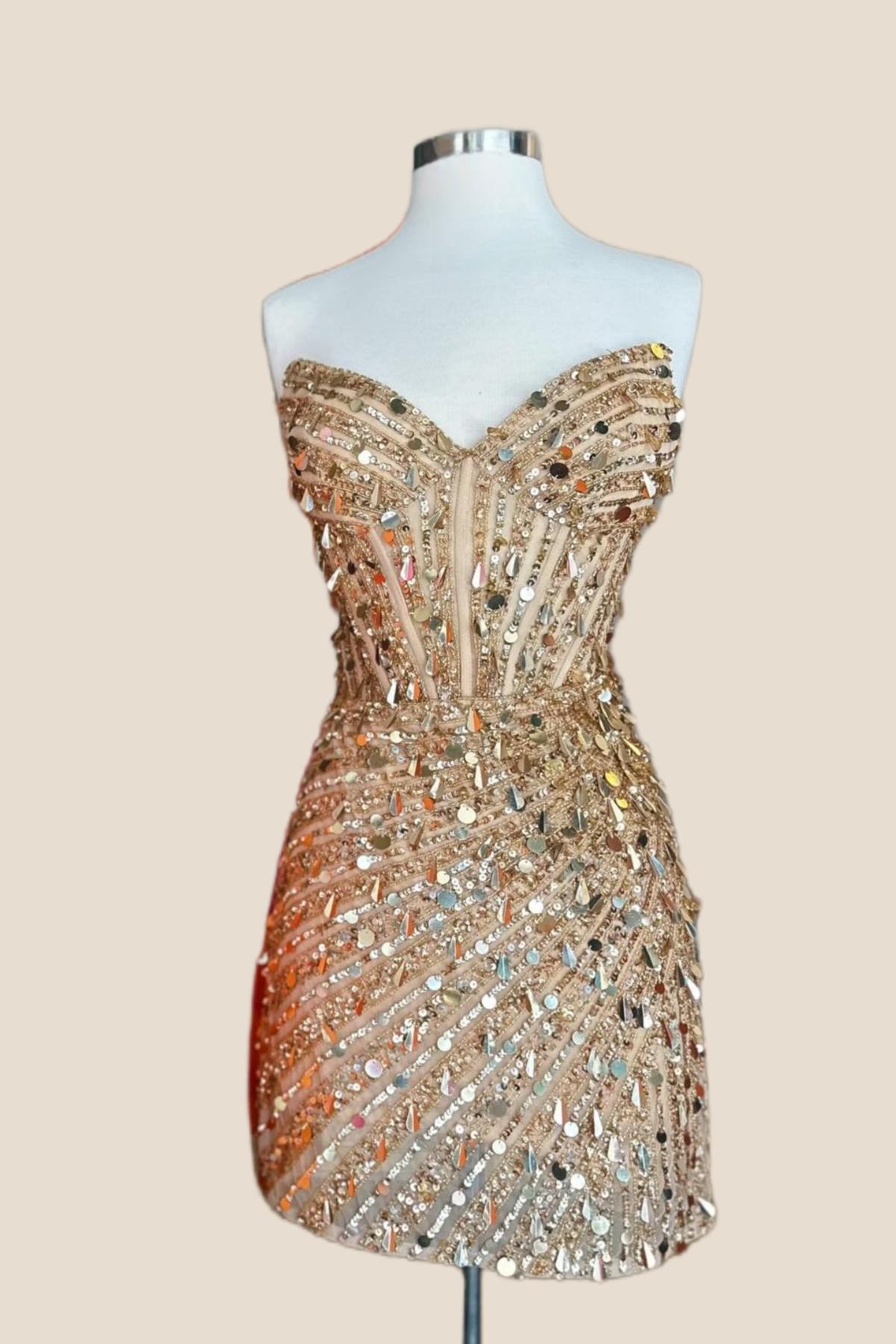 Strapless Gold Sequin Corset Tight Mini Dress