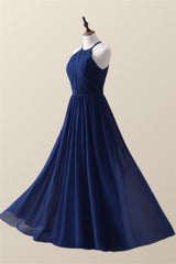 Halter Royal Blue Pleated Long Bridesmaid Dress