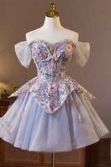 Off the Shoulder Purple Embroidery A-line Short Ball Gown