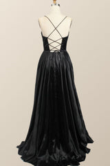 Black Satin A-line Cowl Neck Long Formal Dress
