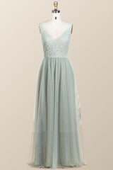 Sage Green Lace and Tulle Long Bridesmaid Dress