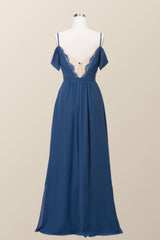 Off the Shoulder Navy Blue Chiffon Long Bridesmaid Dress