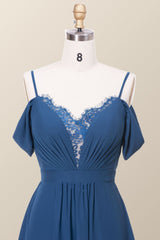 Off the Shoulder Navy Blue Chiffon Long Bridesmaid Dress