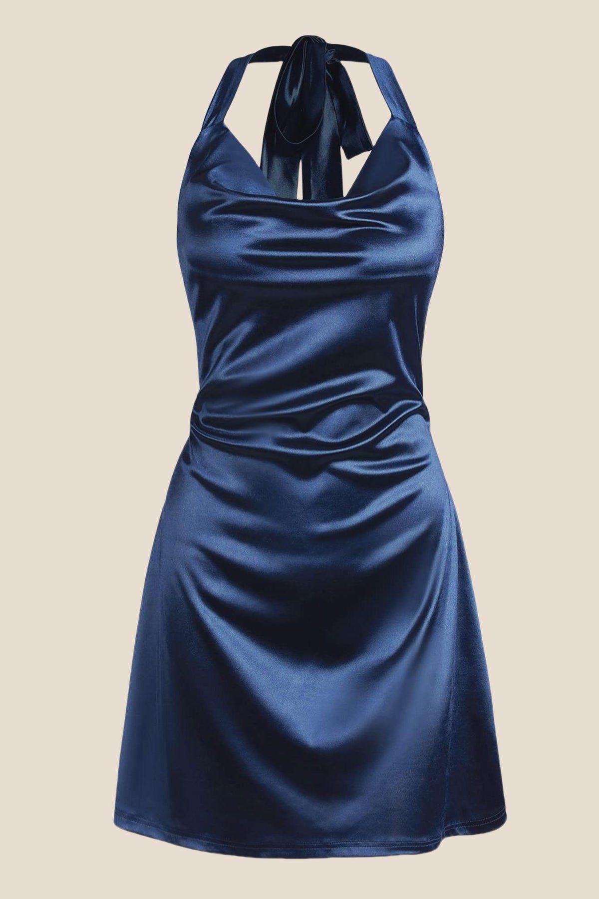 Navy Blue Cowl Neck Halter Soft Satin Mini Dress