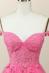 Off the Shoulder Hot Pink Lace Short Homecoming Dress