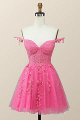 Off the Shoulder Hot Pink Lace Short Homecoming Dress