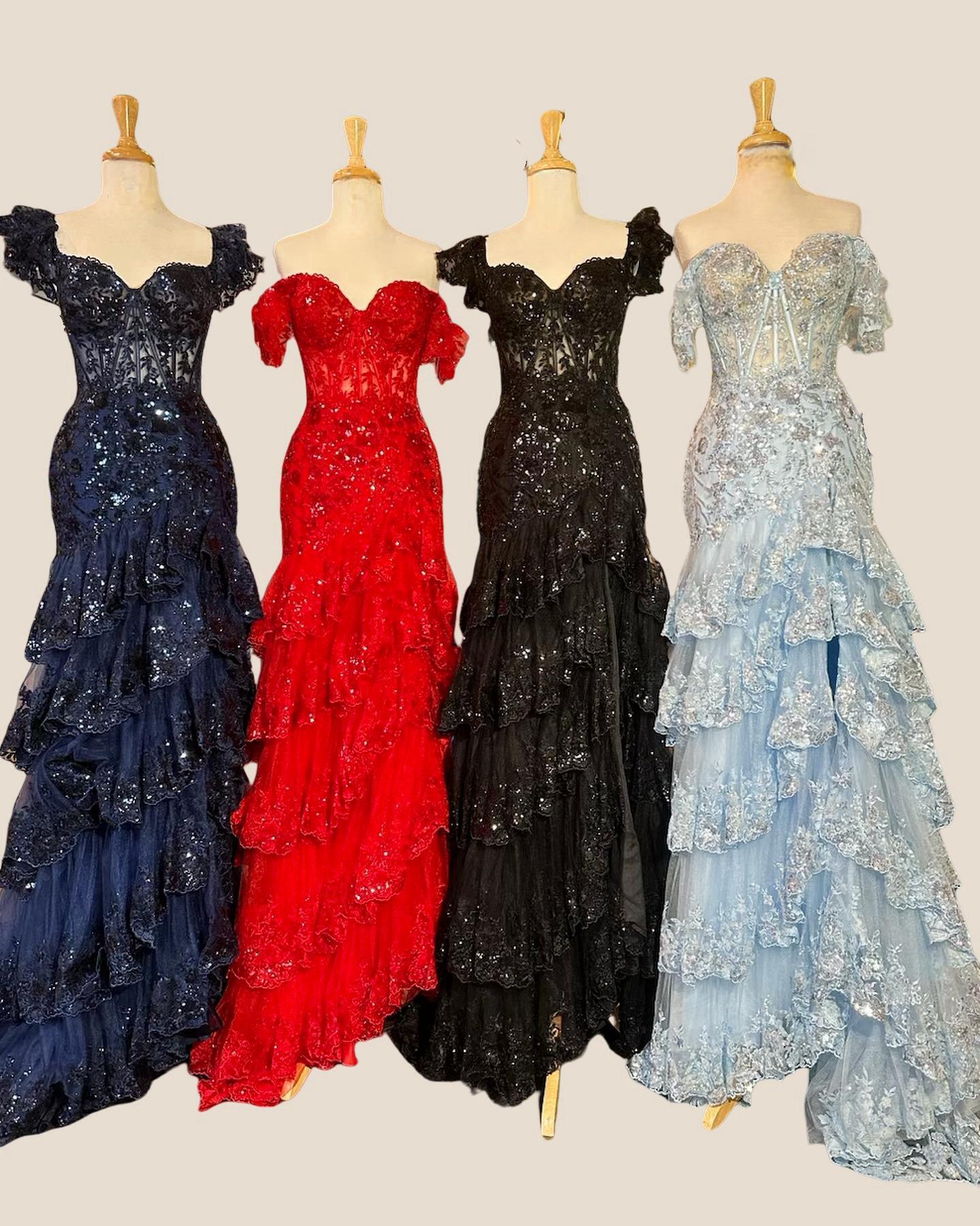 Black Sequin Tulle Mermaid Ruffles Long Prom Dress