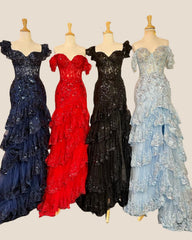 Black Sequin Tulle Mermaid Ruffles Long Prom Dress