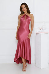 Silken Affair Halter Satin Maxi Dress Rose