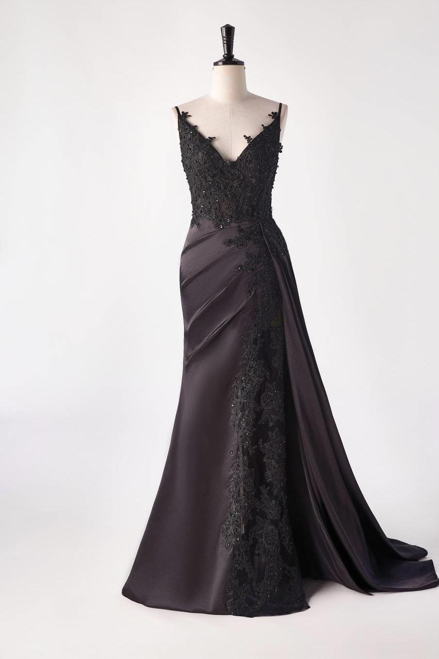 Black Satin Appliques Mermaid Long Dress with Slit