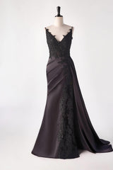 Black Satin Appliques Mermaid Long Dress with Slit