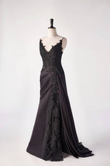 Black Satin Appliques Mermaid Long Dress with Slit