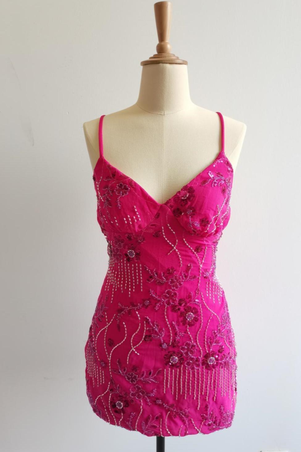 Spaghetti Straps Beaded Fuchsia Mini Dress
