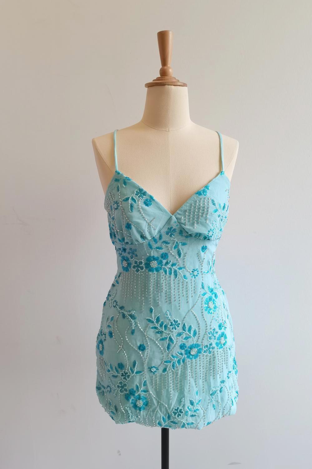 Spaghetti Straps Beaded Blue Mini Dress
