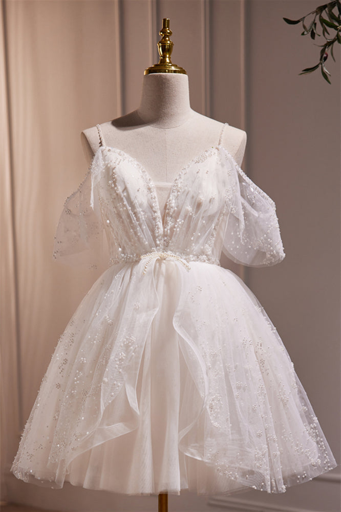 Off the Shoulder White Pearls A-line Short Dress