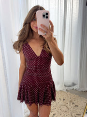 Sasha Fitted Polka Dot Mini Dress - Burgundy / White