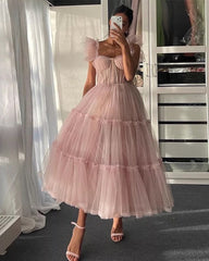 Black Tulle Ruffle Corset Tea Length Dress