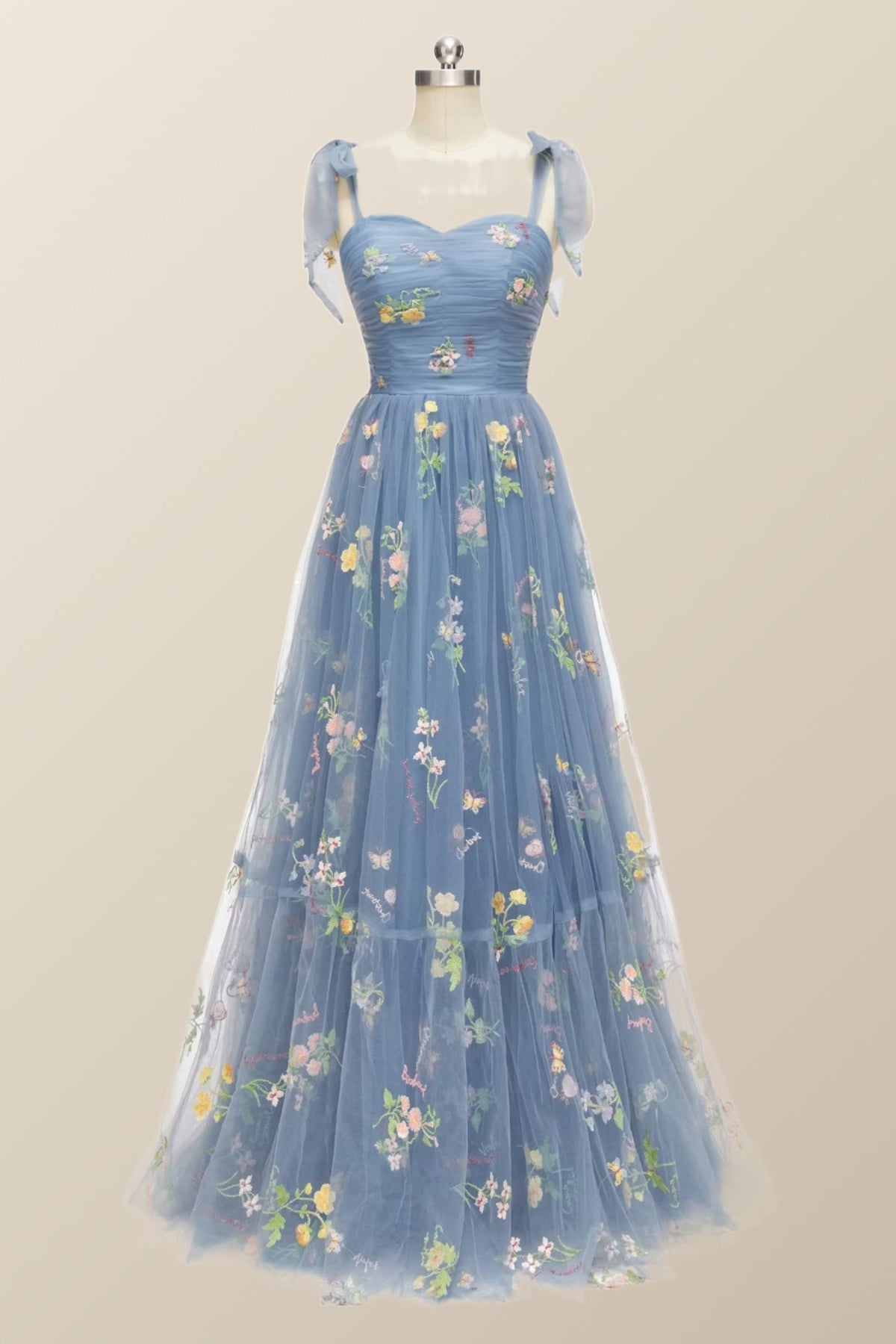 Tie Straps Blue Floral A-line Long Formal Dress