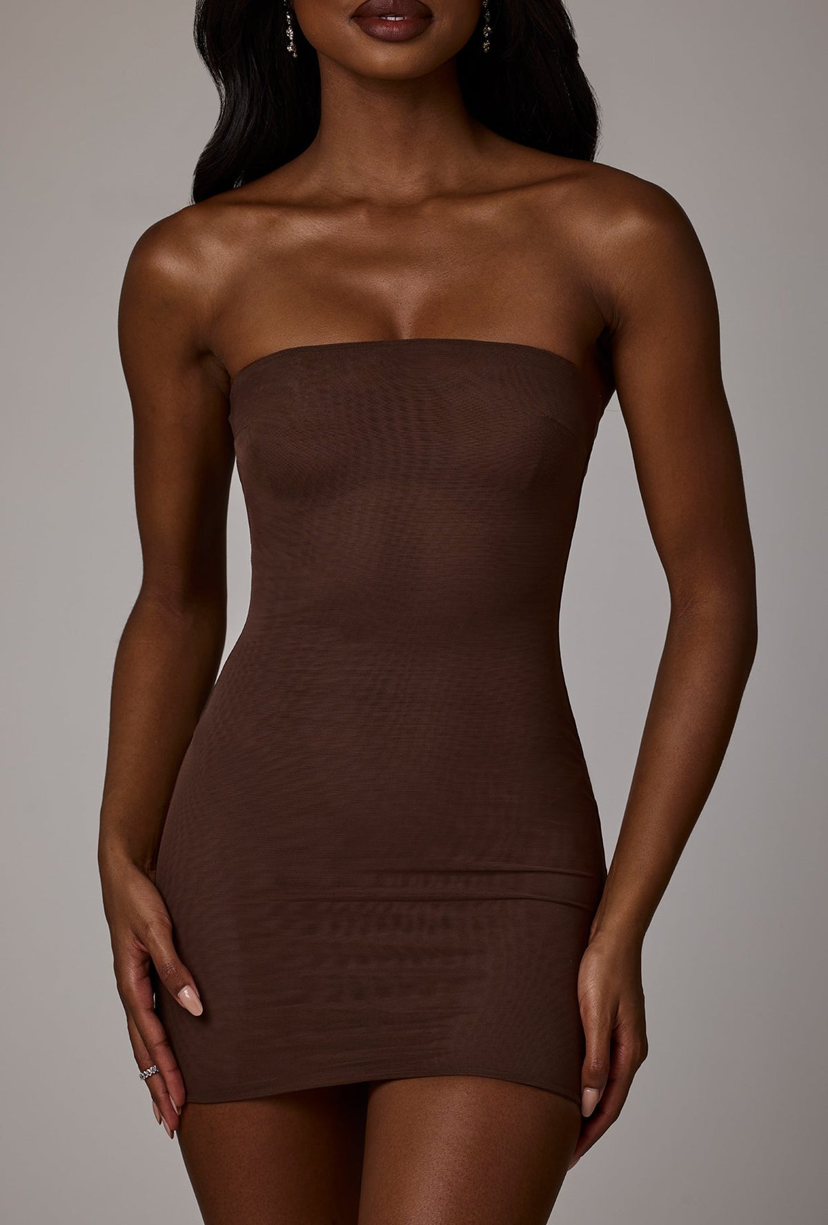 Soft Sheer-Mesh Bandeau Mini Slip Dress in Deep Cocoa