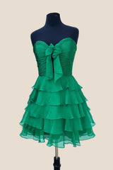 Strapless Green Chiffon Bow Ruffle Short Dress