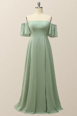 Off the Shoulder Sage Green Chiffon Long Bridesmaid Dress