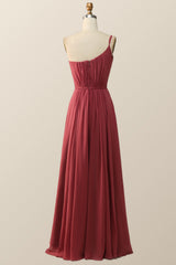 One Shoulder Terracotta Chiffon Long Bridesmaid Dress