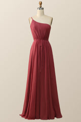 One Shoulder Terracotta Chiffon Long Bridesmaid Dress